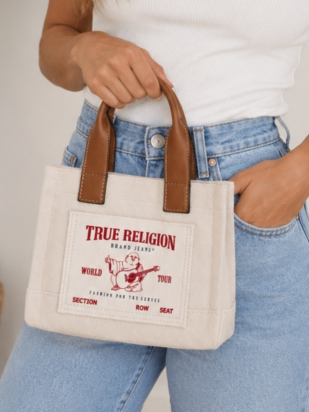 True Religion Mini Tote Bag Natural Canvas Beige Buddha Logo Travel Handbag